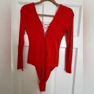 Alexander Wang Red Lace-Up Bodysuit